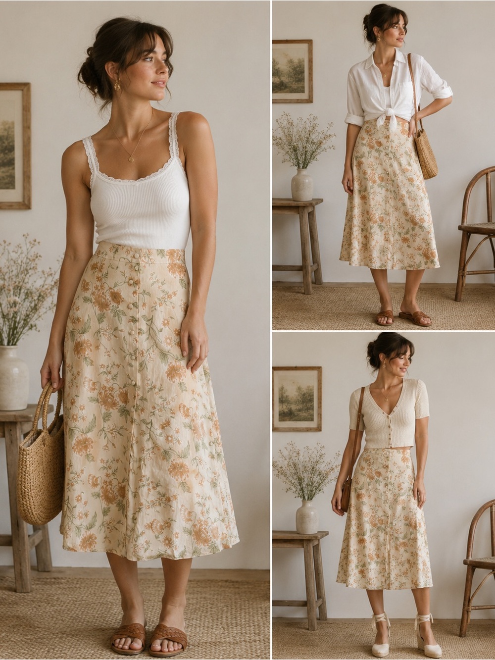 Vintage Maggie Lawrence Women’s Cream Floral Midi Skirt with Peach Accents